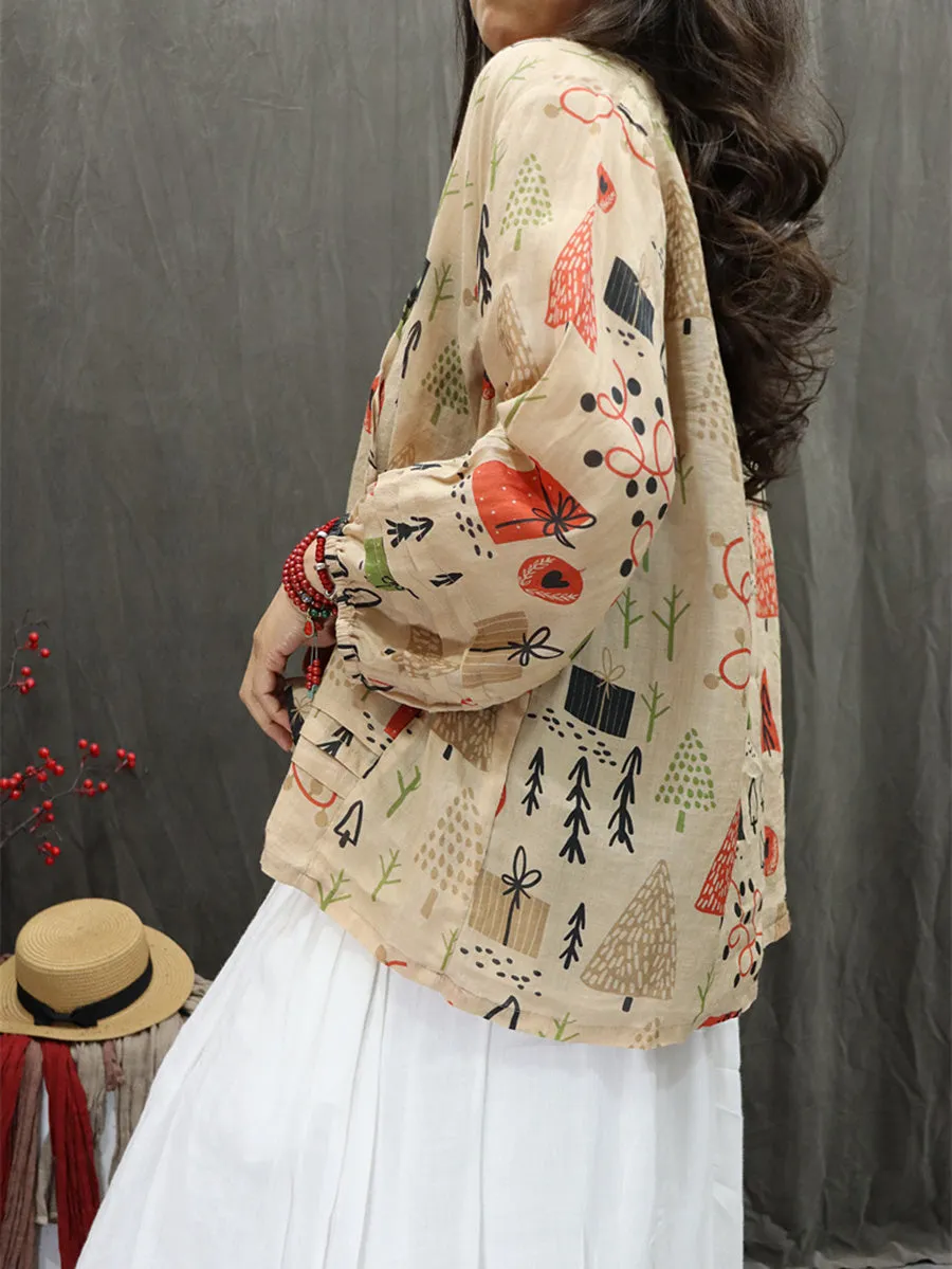 Women Summer Artsy Hooded Flower 100%Ramie Shirt