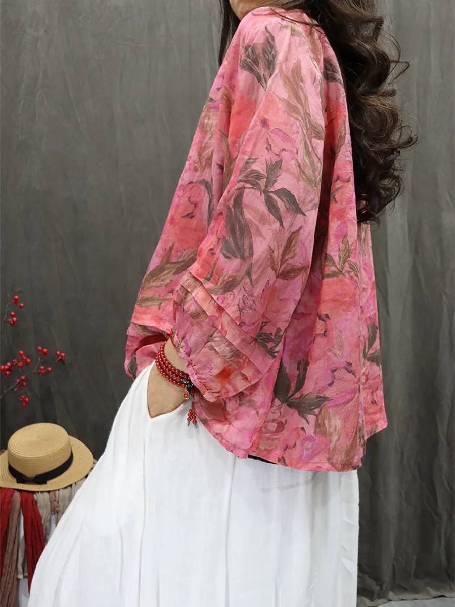 Women Summer Artsy Hooded Flower 100%Ramie Shirt
