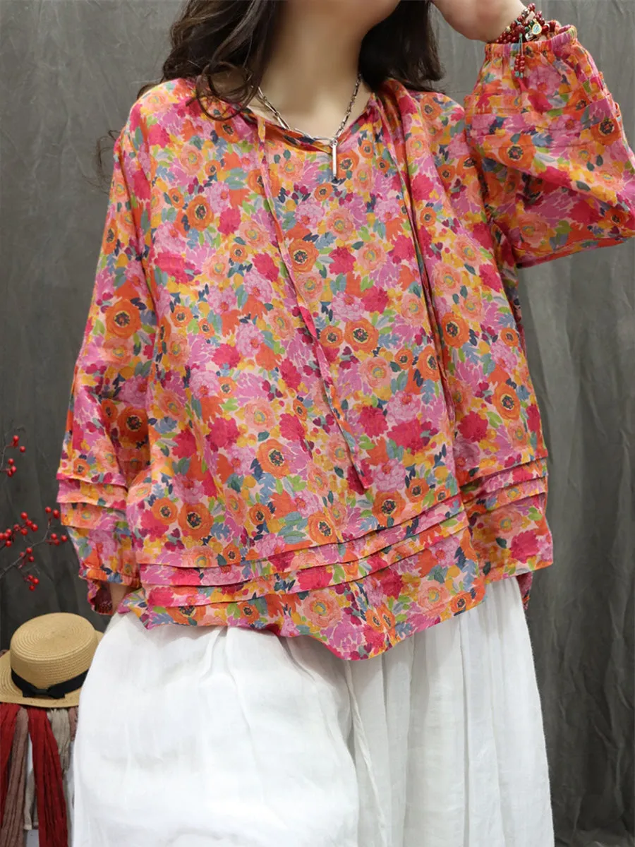Women Summer Artsy Hooded Flower 100%Ramie Shirt