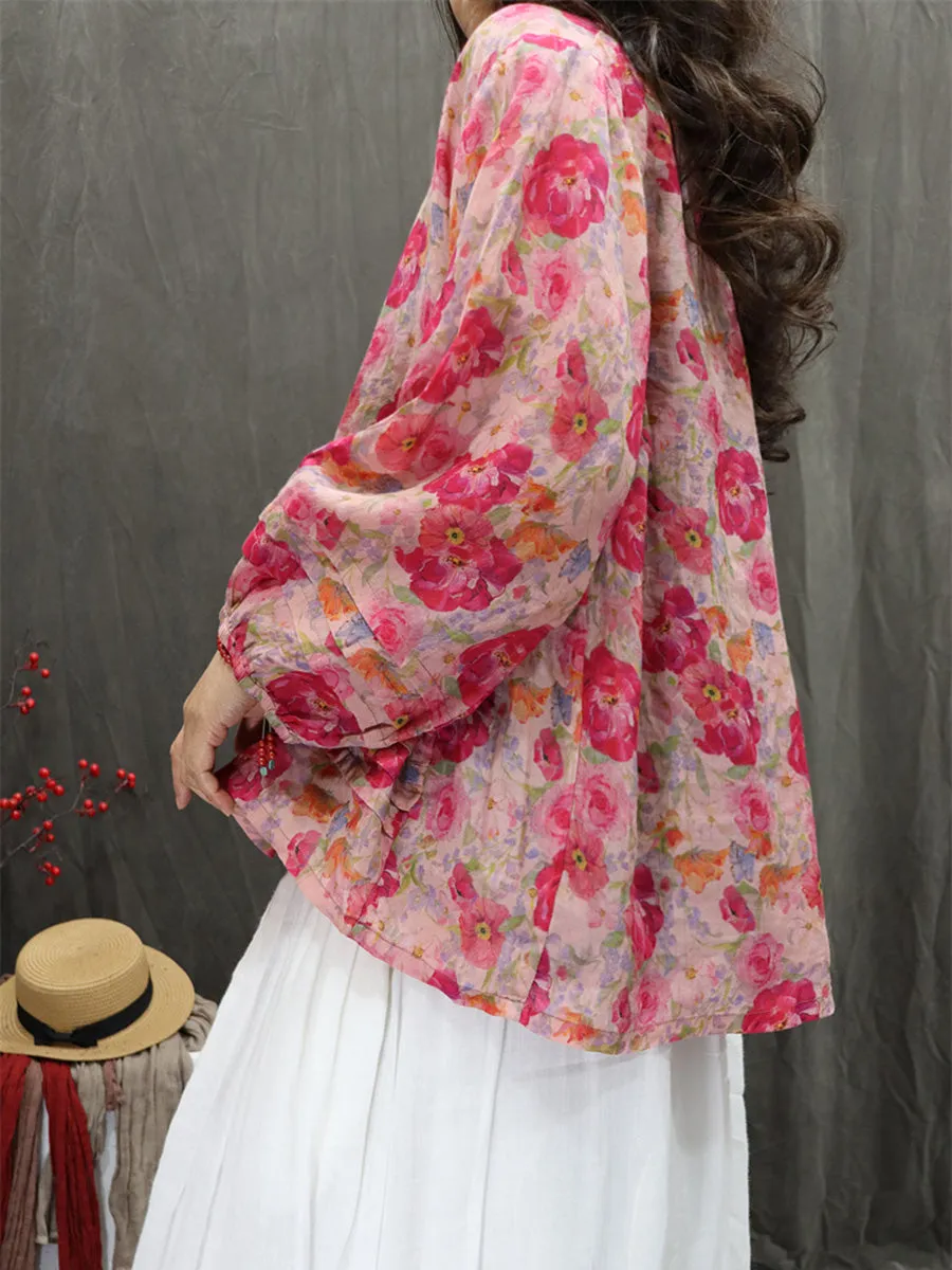 Women Summer Artsy Hooded Flower 100%Ramie Shirt