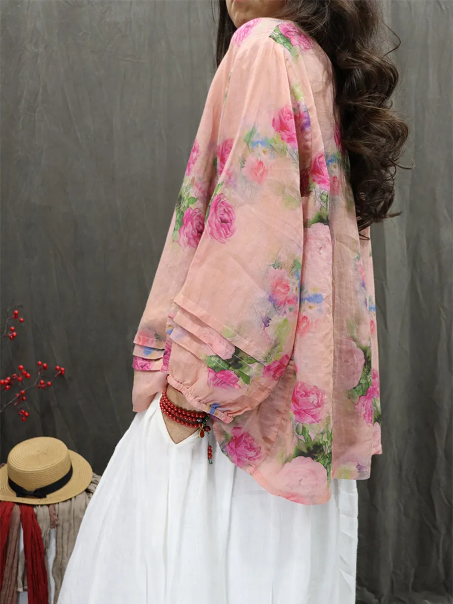 Women Summer Artsy Hooded Flower 100%Ramie Shirt