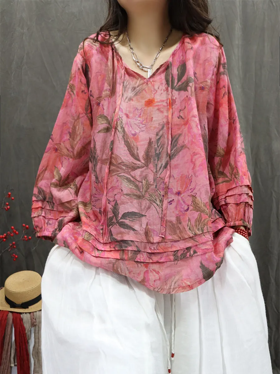 Women Summer Artsy Hooded Flower 100%Ramie Shirt