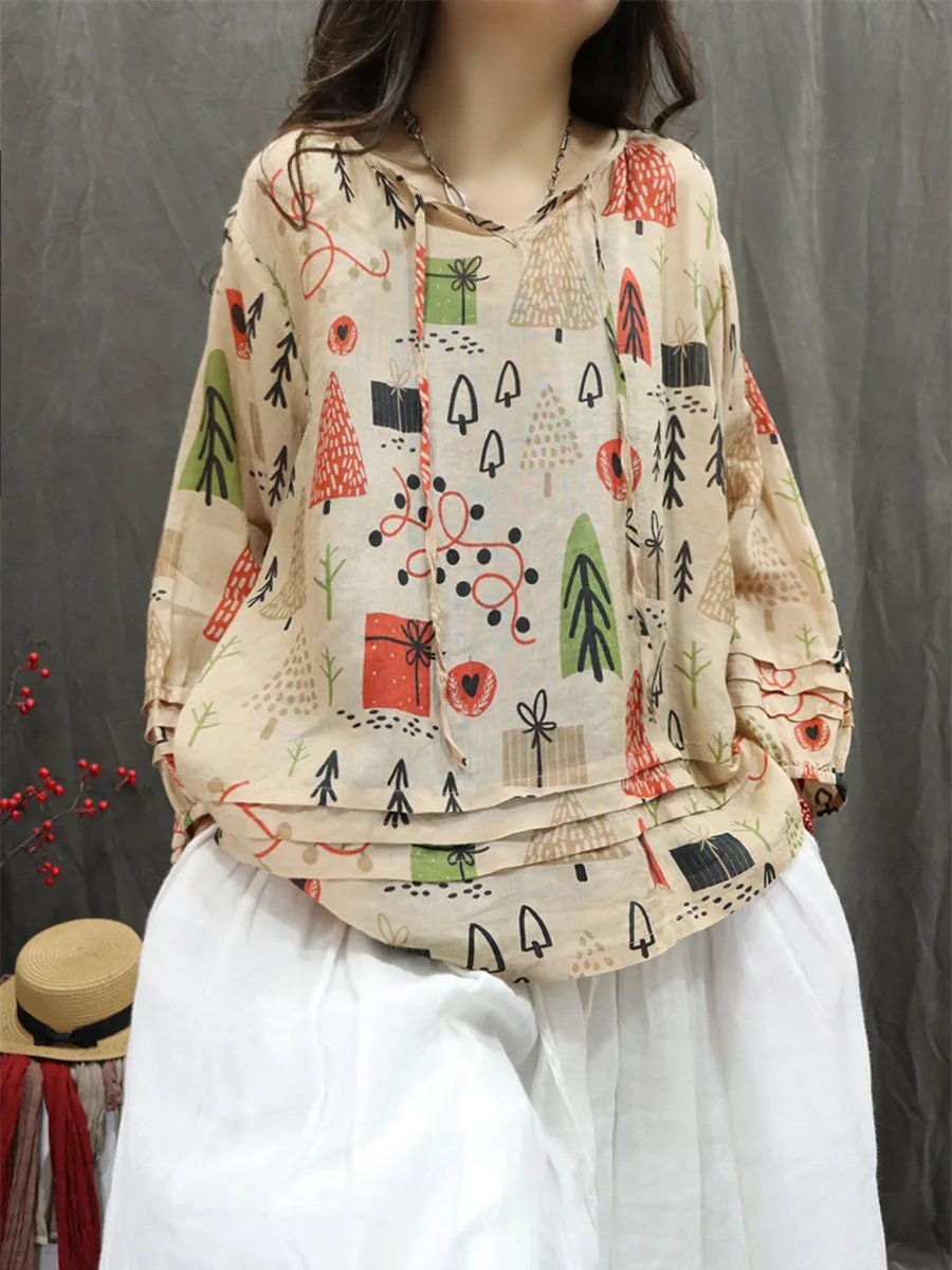 Women Summer Artsy Hooded Flower 100%Ramie Shirt