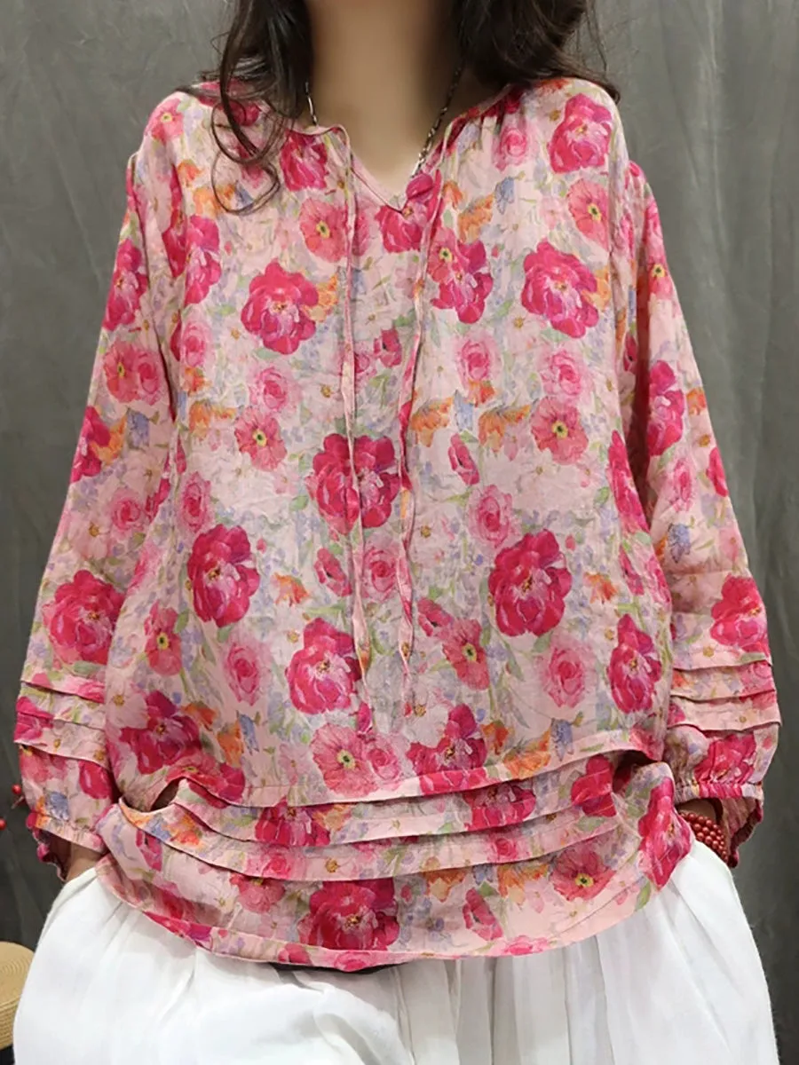 Women Summer Artsy Hooded Flower 100%Ramie Shirt