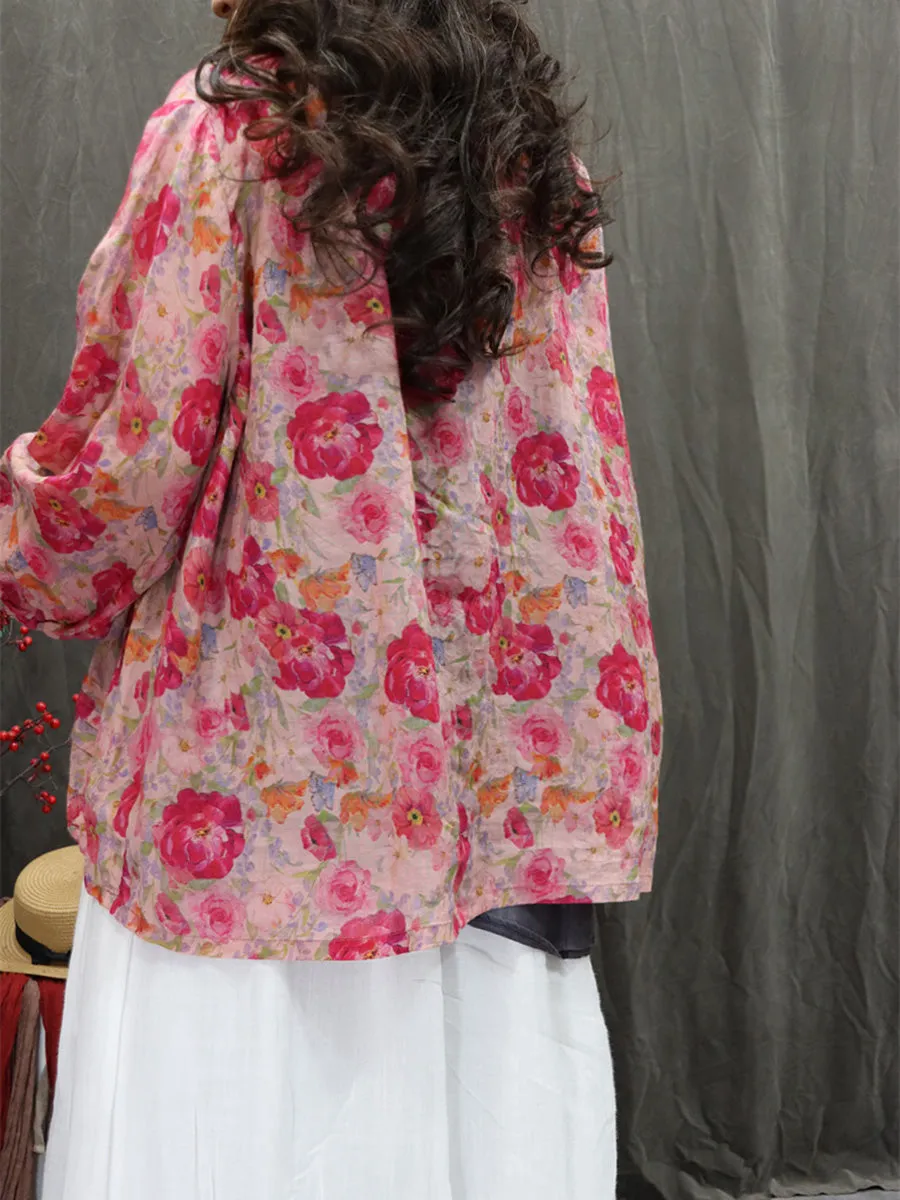 Women Summer Artsy Hooded Flower 100%Ramie Shirt