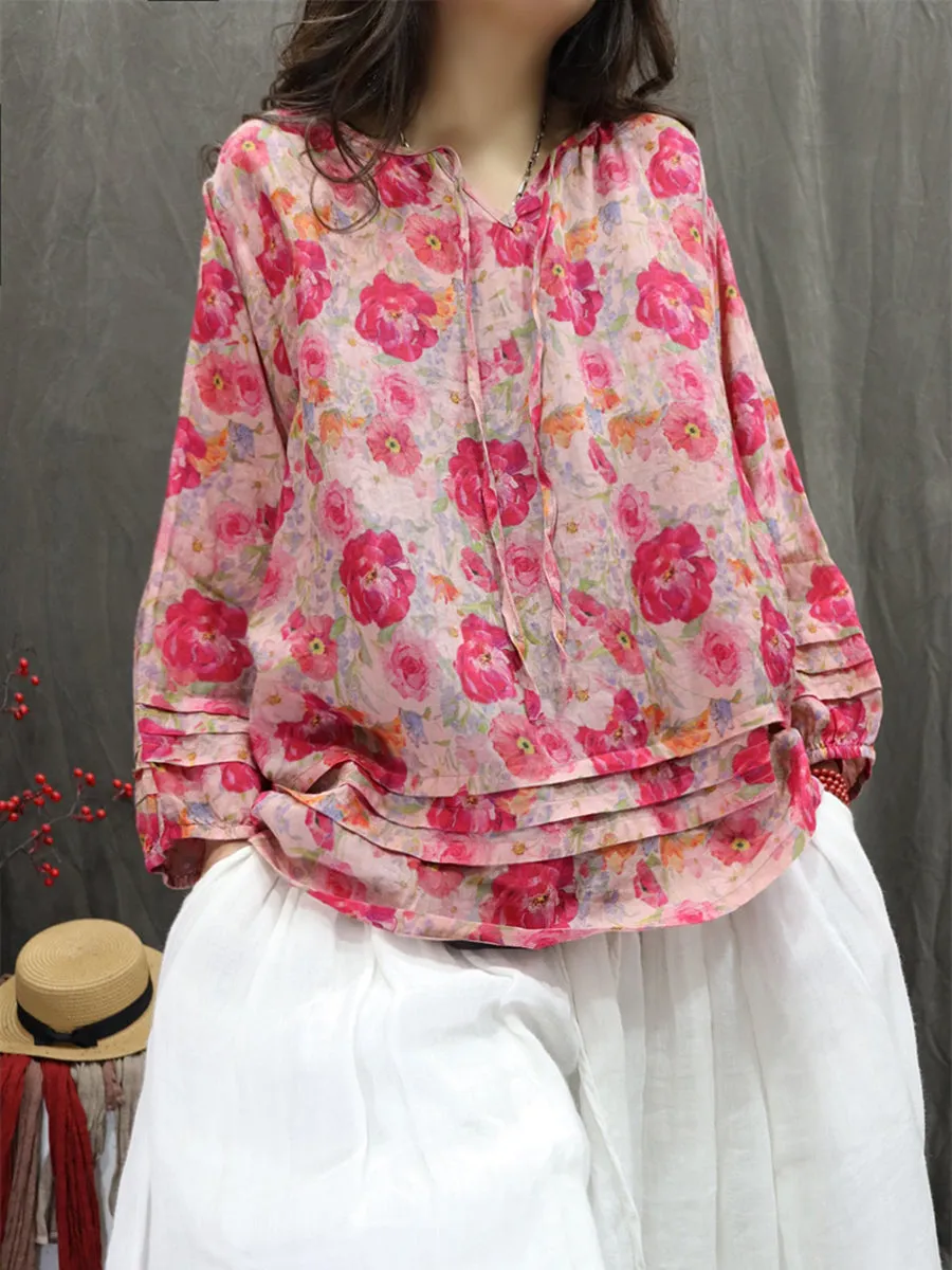 Women Summer Artsy Hooded Flower 100%Ramie Shirt