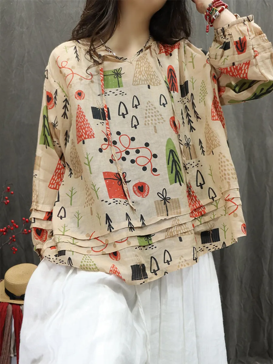 Women Summer Artsy Hooded Flower 100%Ramie Shirt