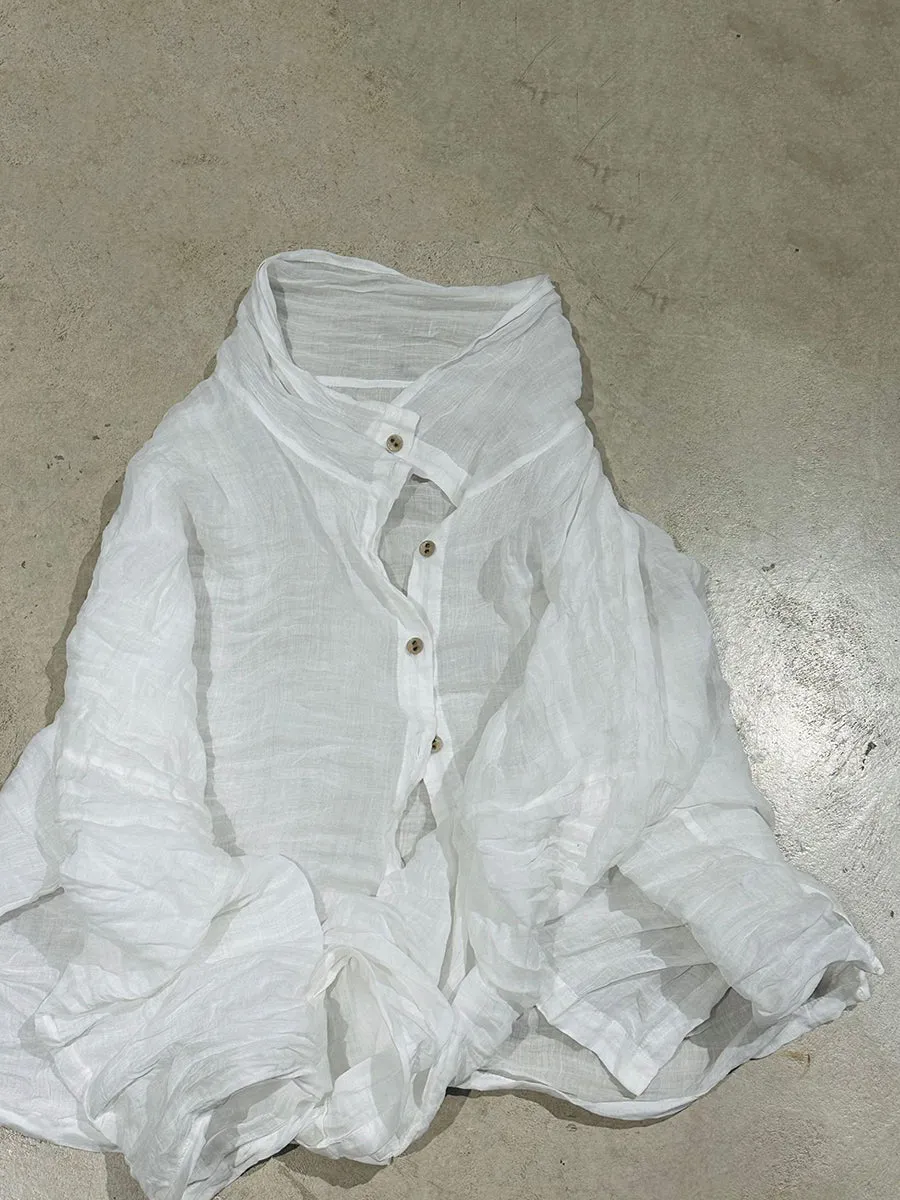 Women Summer Artsy Pure Color Pile Collar Ramie Shirt