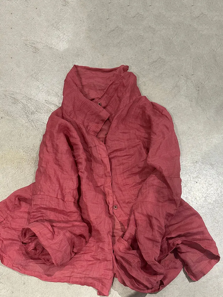 Women Summer Artsy Pure Color Pile Collar Ramie Shirt