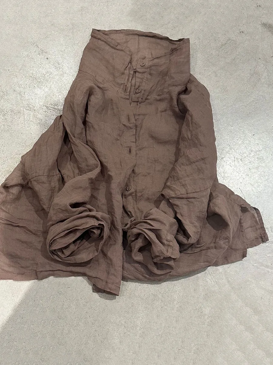 Women Summer Artsy Pure Color Pile Collar Ramie Shirt