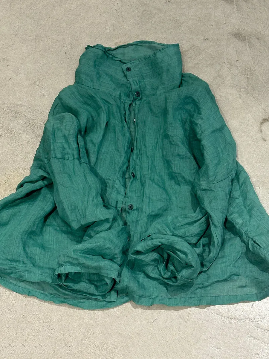 Women Summer Artsy Pure Color Pile Collar Ramie Shirt