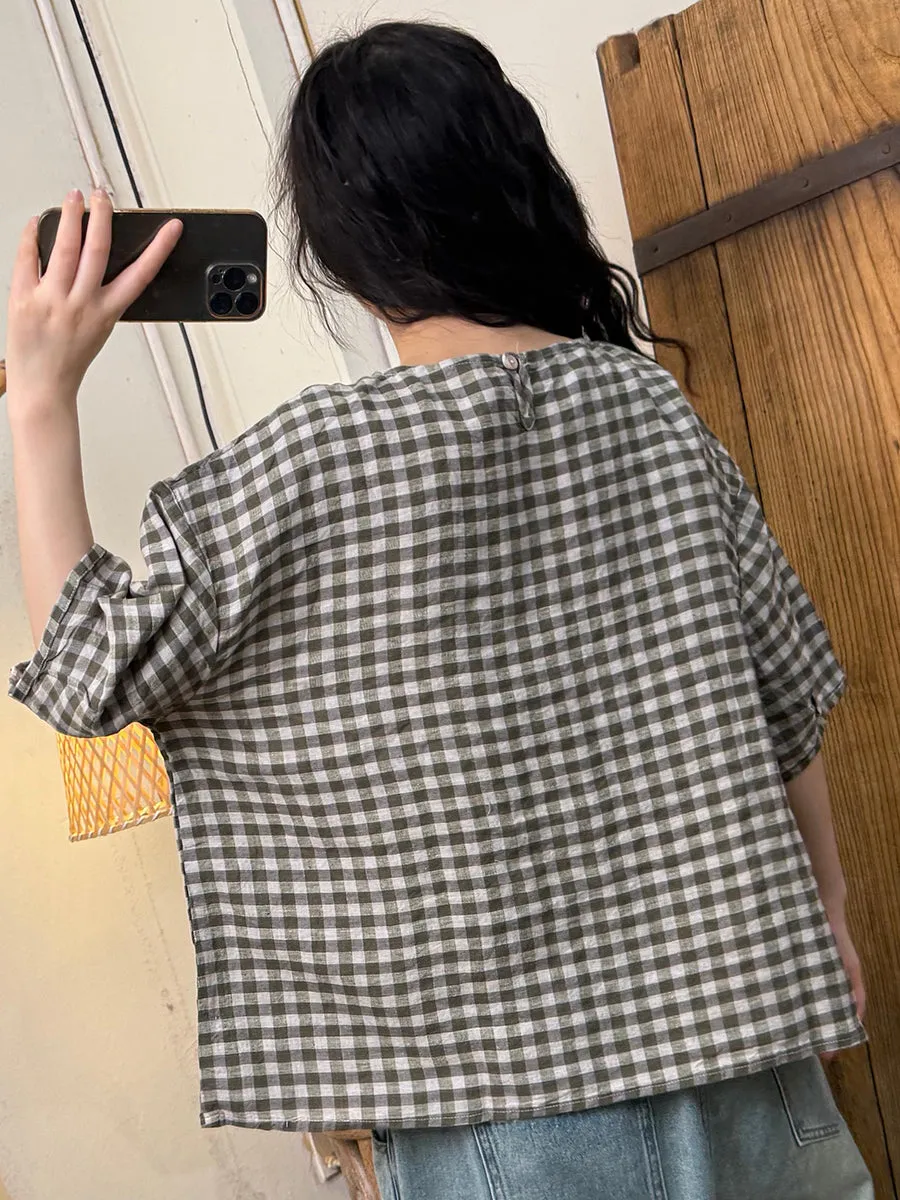 Women Summer Casual Plaid O-Neck Linen Shirt