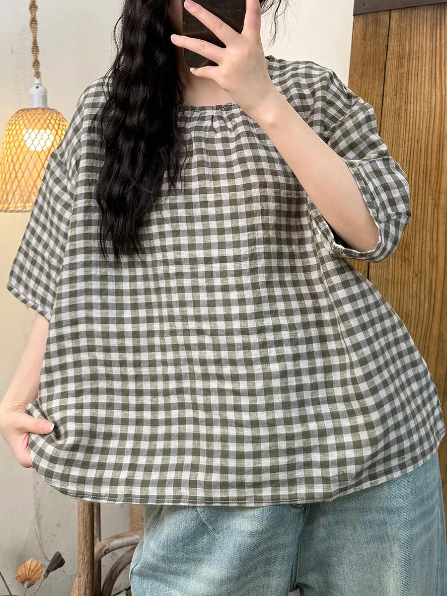 Women Summer Casual Plaid O-Neck Linen Shirt