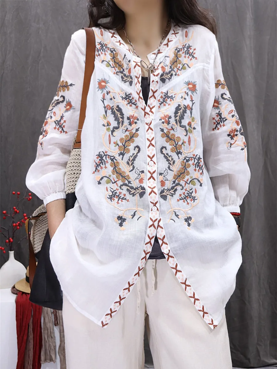 Women Summer Flower Embroidery O-Neck 100%Ramie Cardigan Shirt