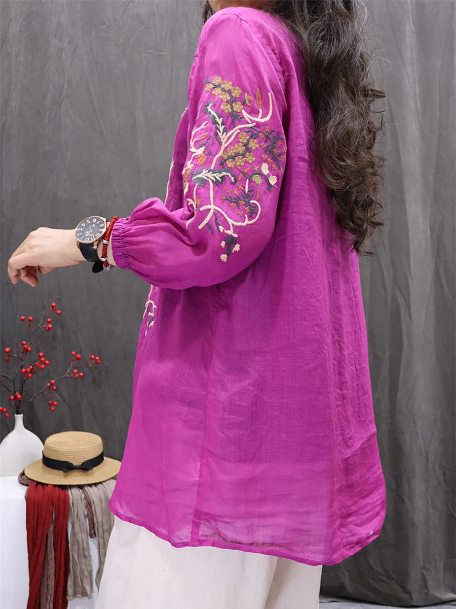 Women Summer Flower Embroidery O-Neck 100%Ramie Cardigan Shirt