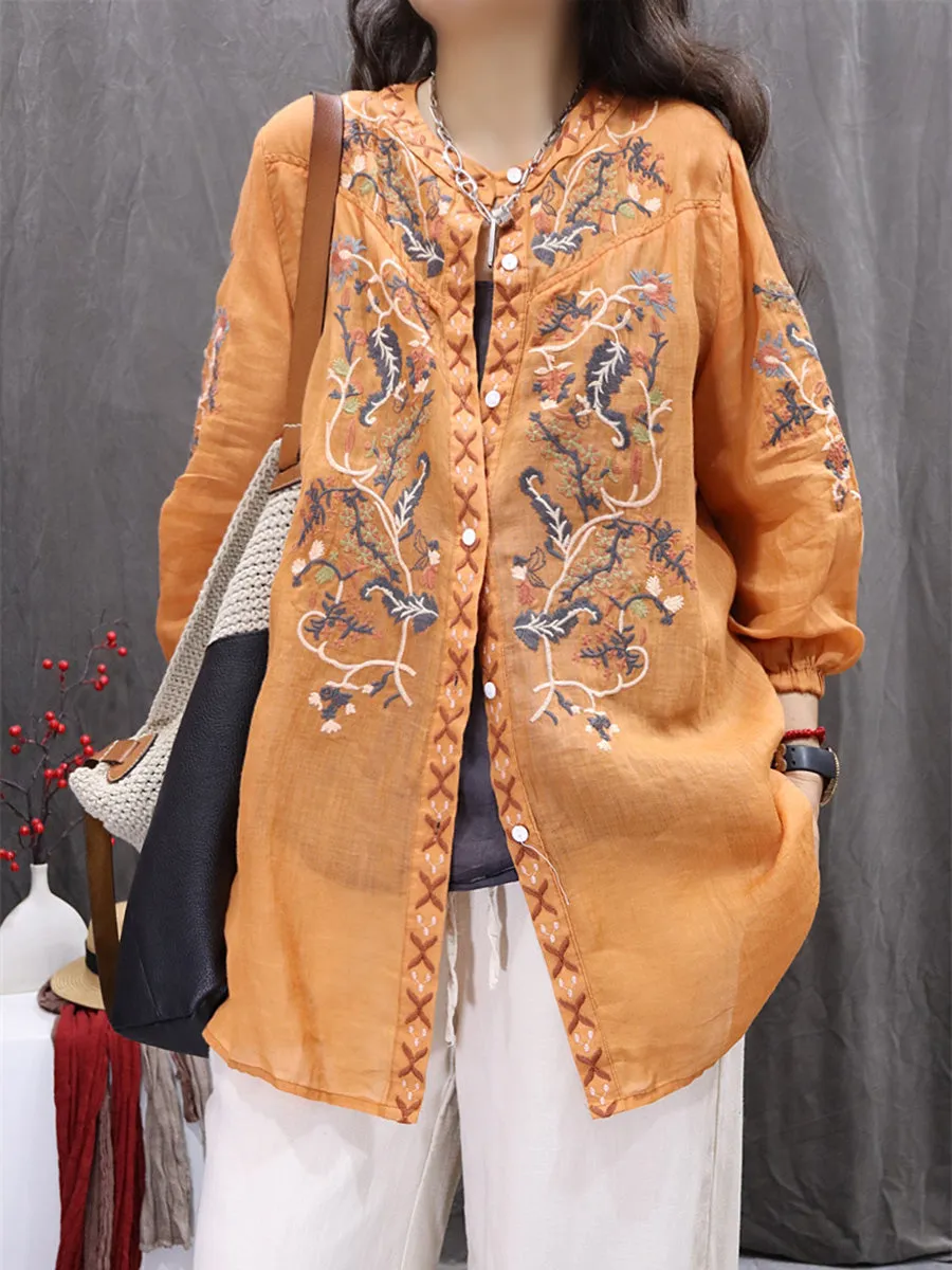 Women Summer Flower Embroidery O-Neck 100%Ramie Cardigan Shirt