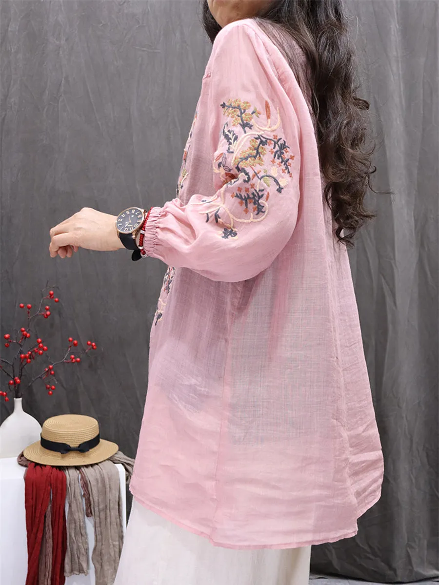 Women Summer Flower Embroidery O-Neck 100%Ramie Cardigan Shirt