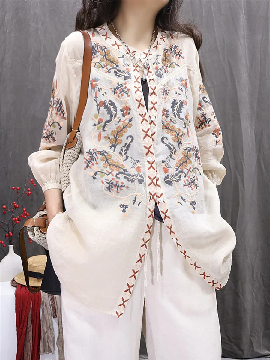 Women Summer Flower Embroidery O-Neck 100%Ramie Cardigan Shirt