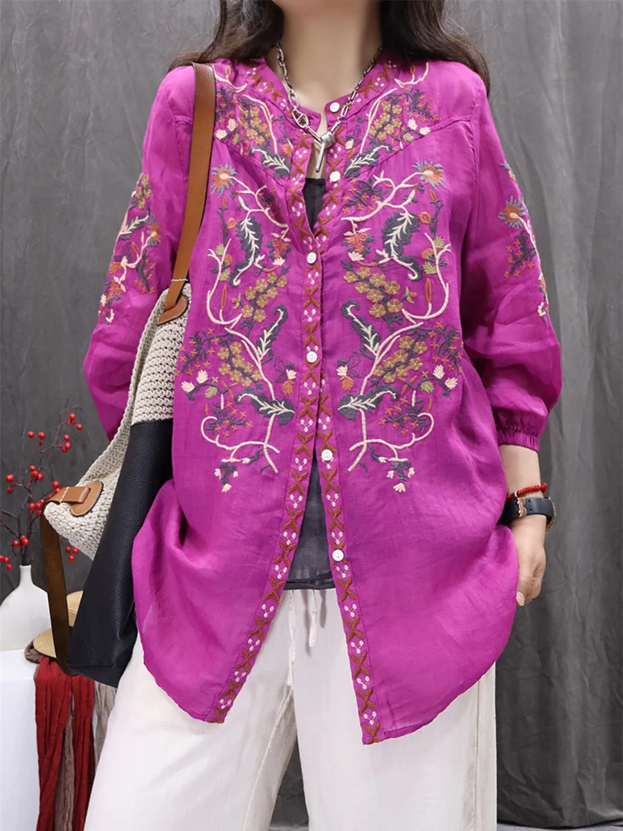 Women Summer Flower Embroidery O-Neck 100%Ramie Cardigan Shirt