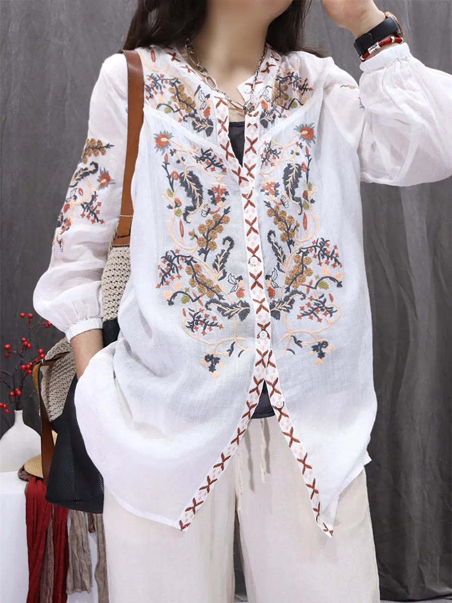 Women Summer Flower Embroidery O-Neck 100%Ramie Cardigan Shirt
