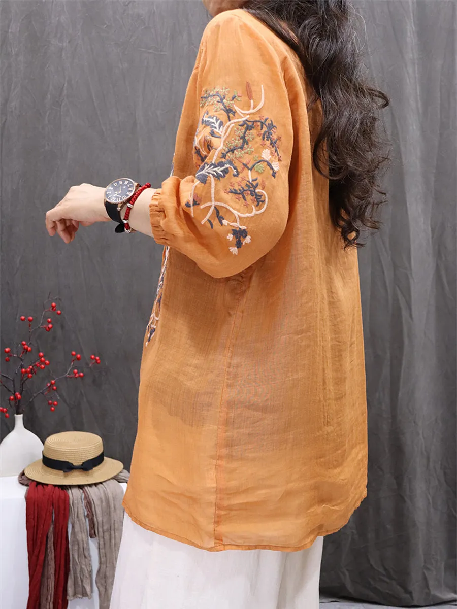 Women Summer Flower Embroidery O-Neck 100%Ramie Cardigan Shirt