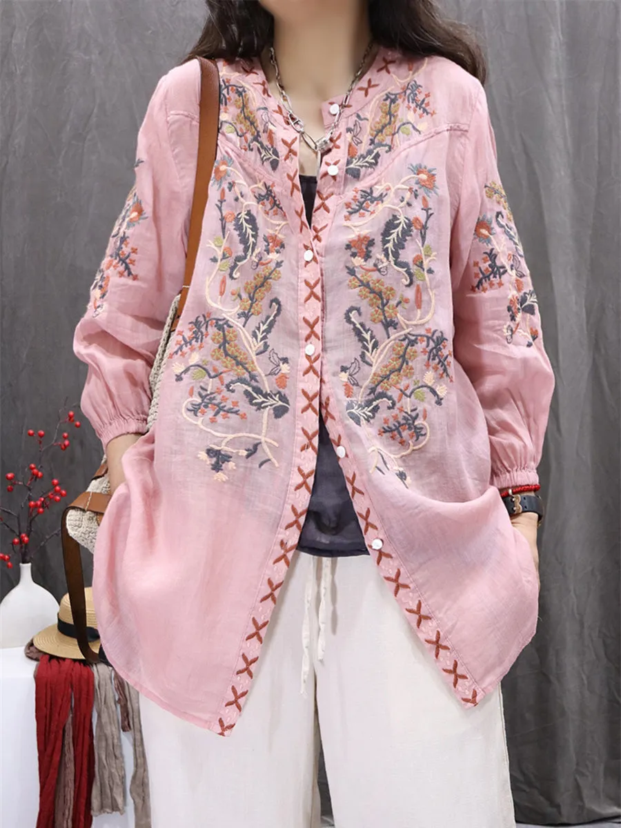 Women Summer Flower Embroidery O-Neck 100%Ramie Cardigan Shirt