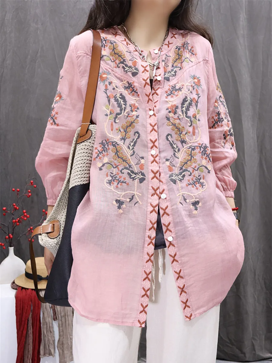 Women Summer Flower Embroidery O-Neck 100%Ramie Cardigan Shirt