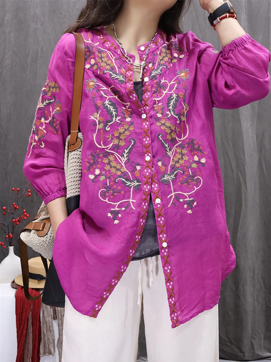 Women Summer Flower Embroidery O-Neck 100%Ramie Cardigan Shirt