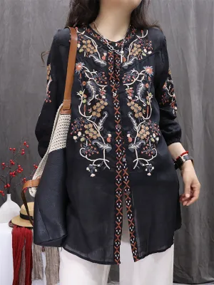 Women Summer Flower Embroidery O-Neck 100%Ramie Cardigan Shirt