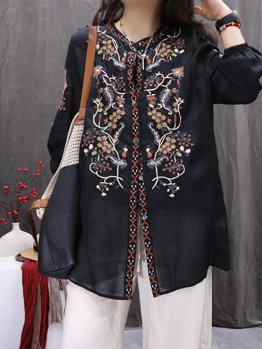 Women Summer Flower Embroidery O-Neck 100%Ramie Cardigan Shirt