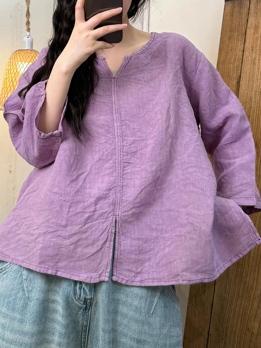 Women Summer Retro Pure Color V-Neck Linen Shirt