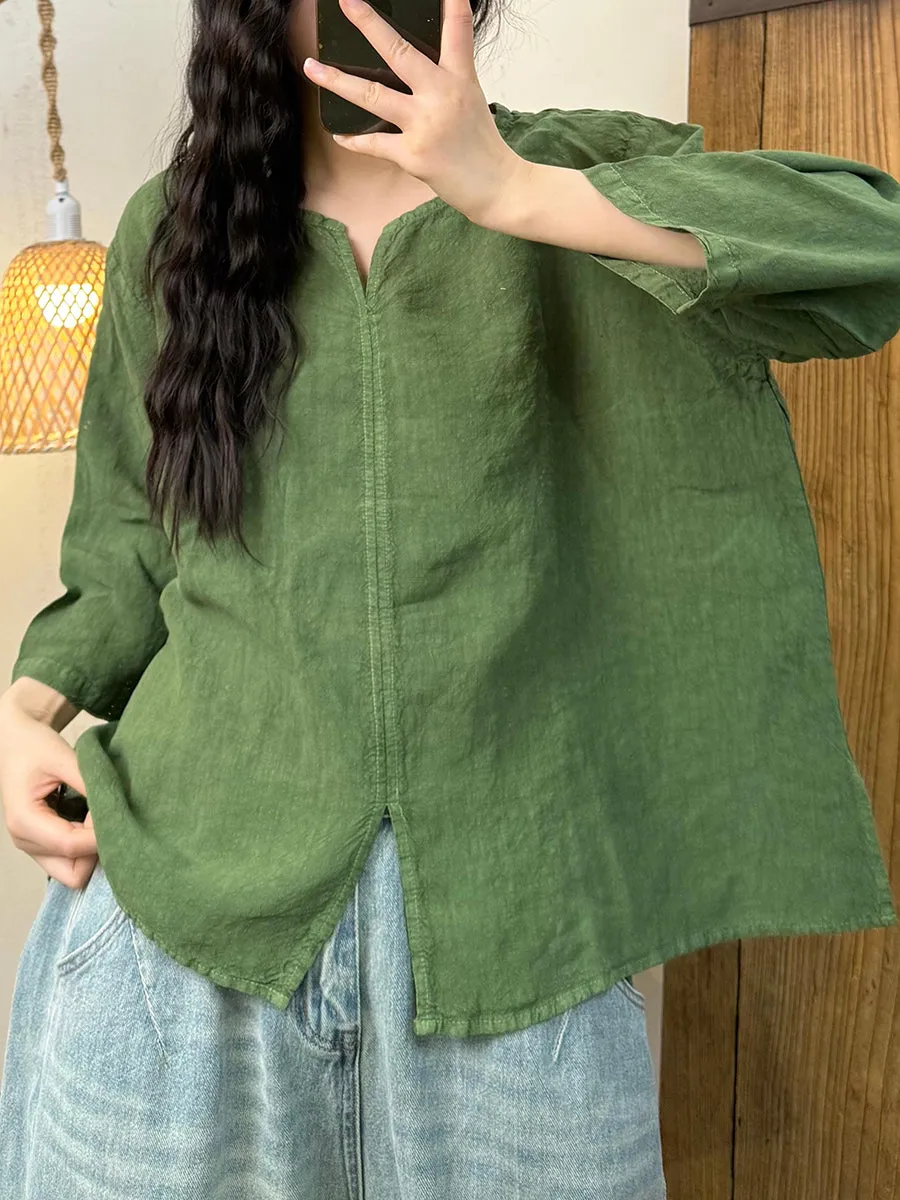 Women Summer Retro Pure Color V-Neck Linen Shirt