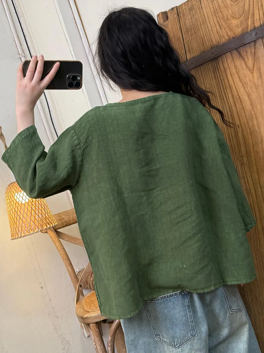 Women Summer Retro Pure Color V-Neck Linen Shirt