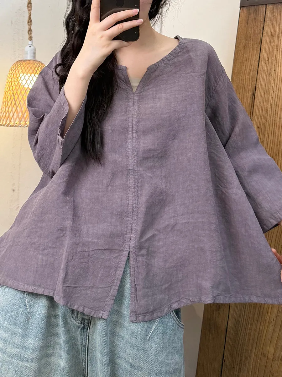 Women Summer Retro Pure Color V-Neck Linen Shirt