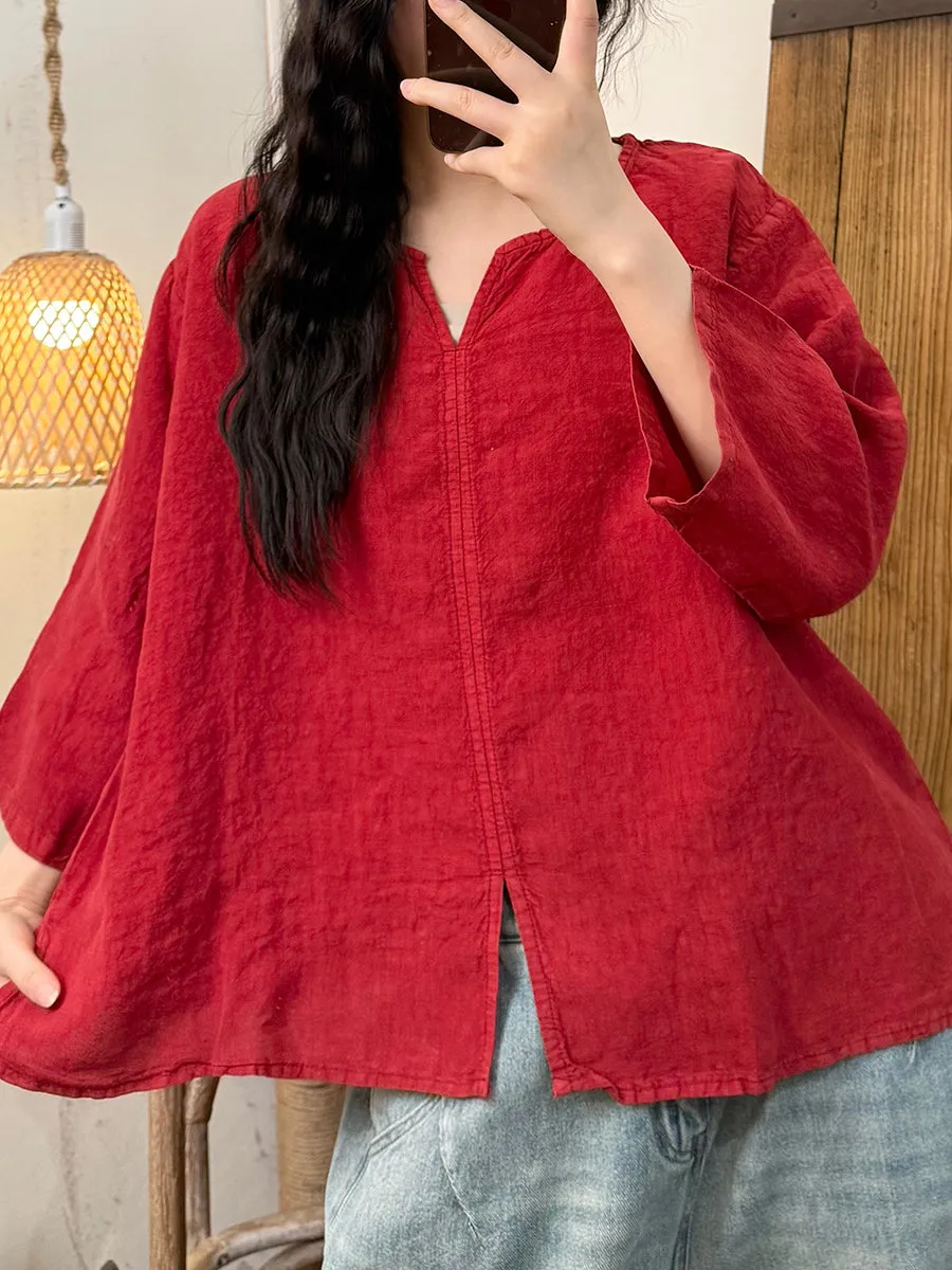 Women Summer Retro Pure Color V-Neck Linen Shirt