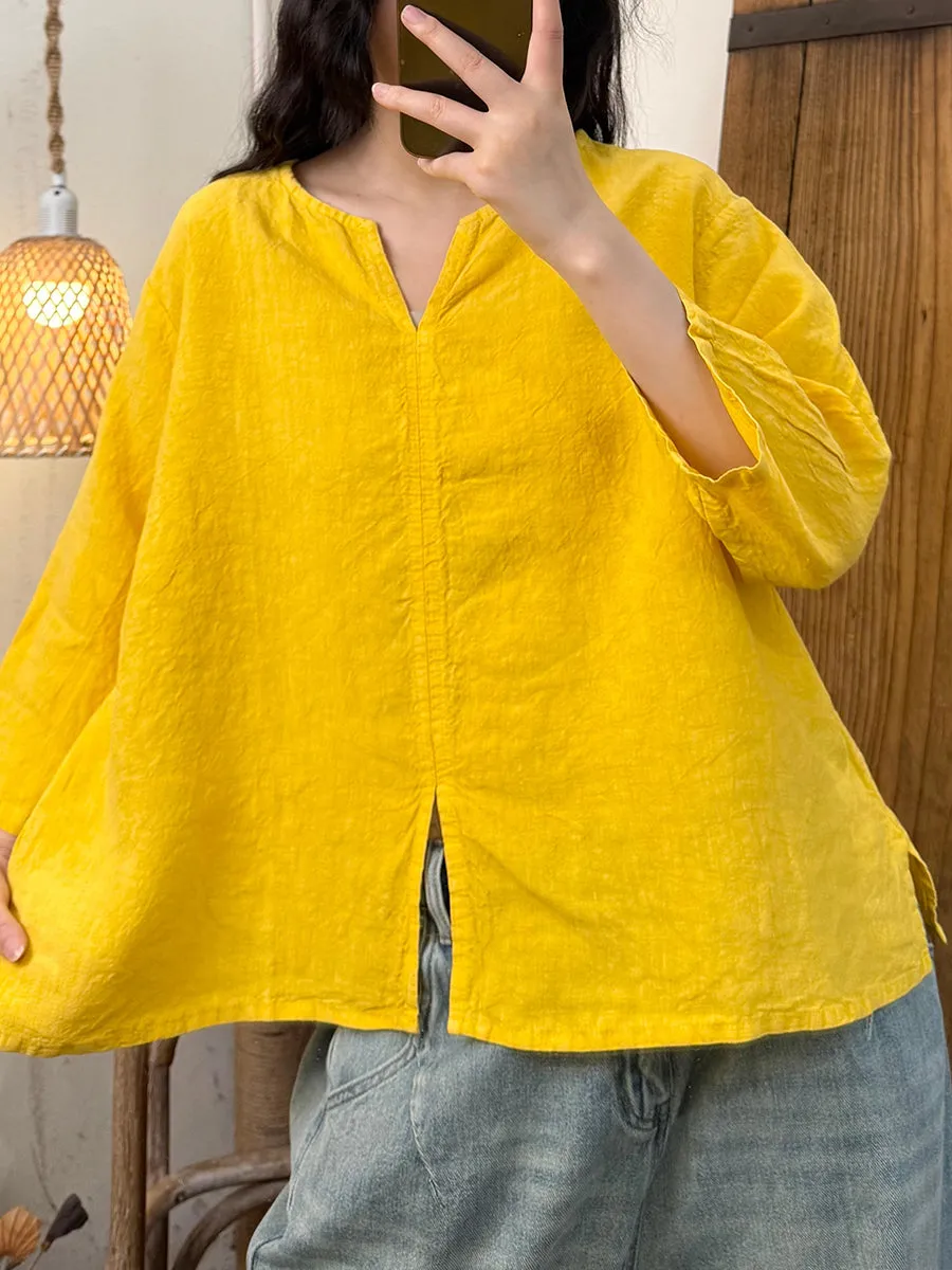 Women Summer Retro Pure Color V-Neck Linen Shirt