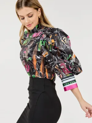 WOMEN'S 3/4 PUFF SLEEVE MOCK NECK MULTI PRINT BLOUSE