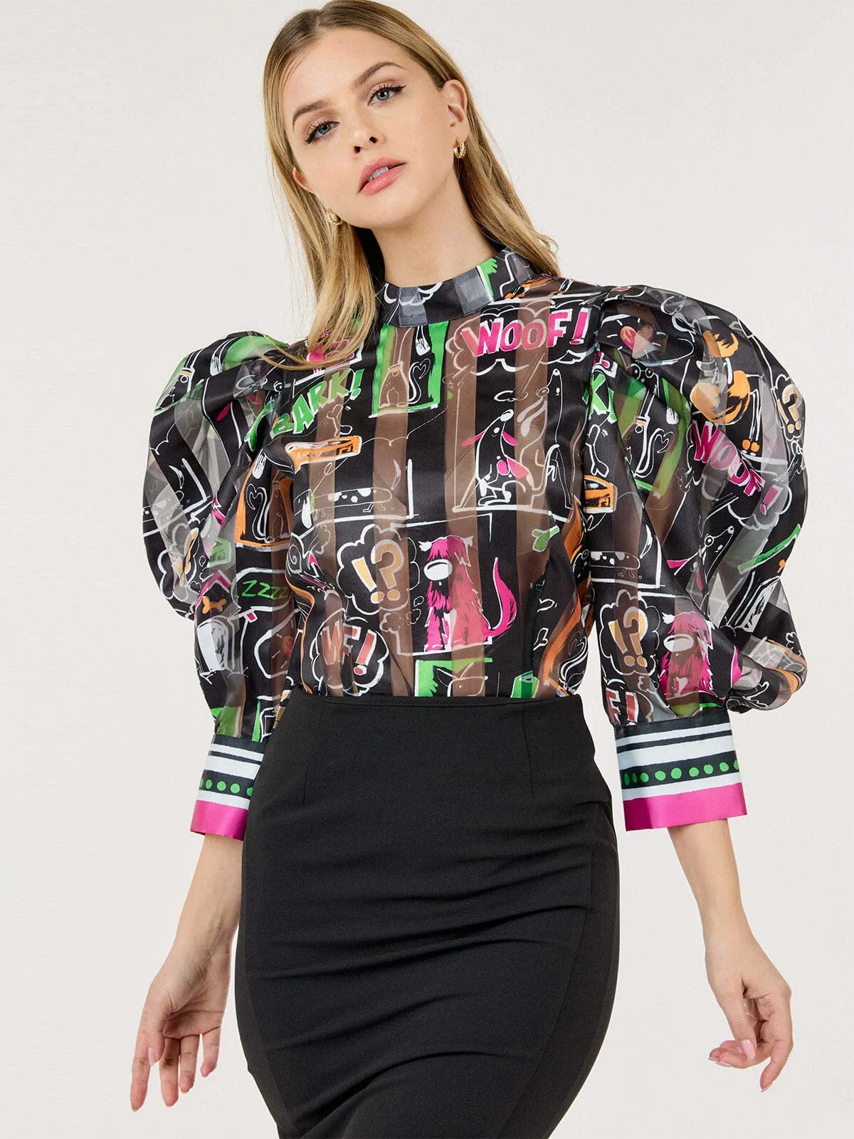 WOMEN'S 3/4 PUFF SLEEVE MOCK NECK MULTI PRINT BLOUSE