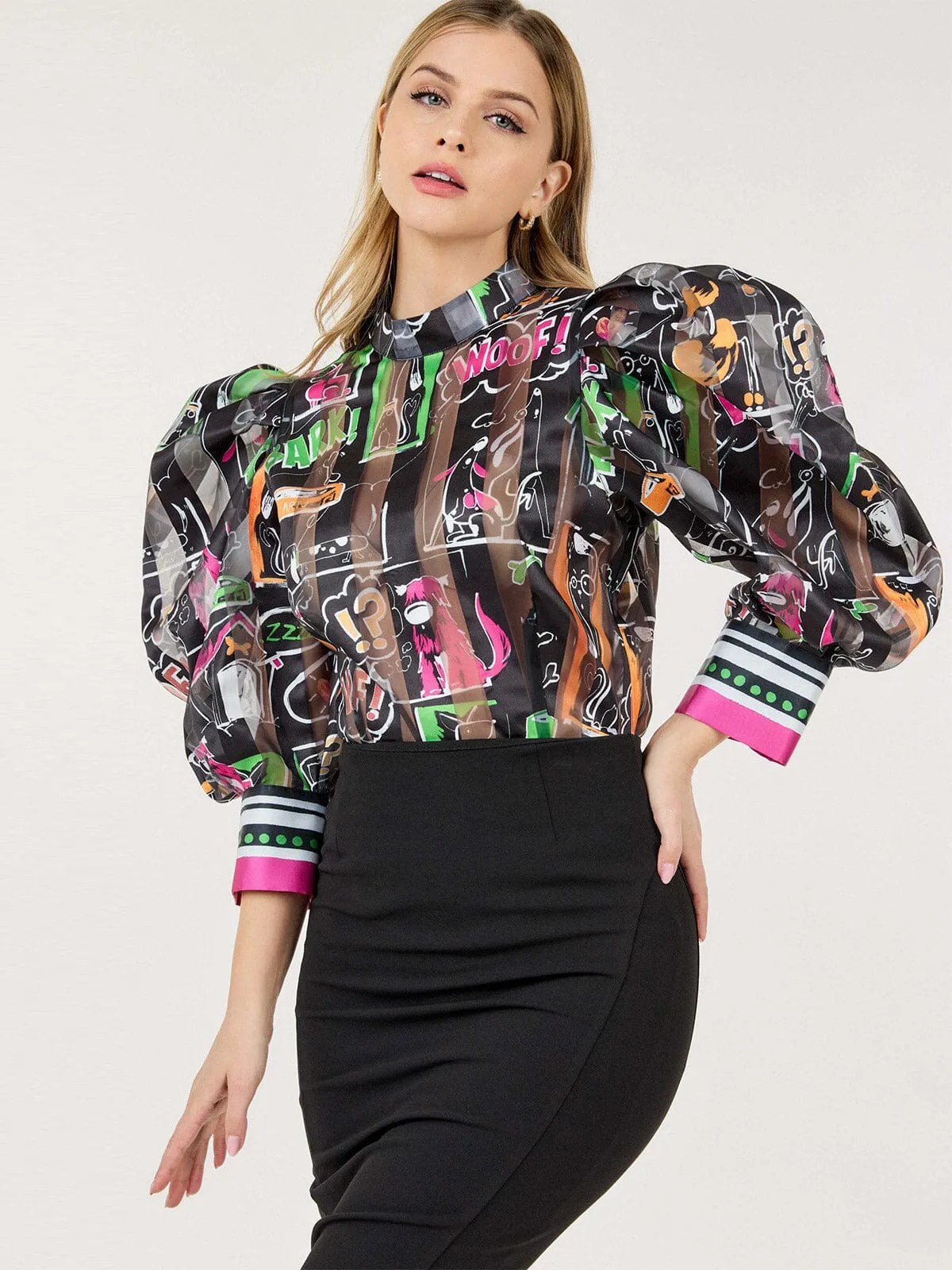 WOMEN'S 3/4 PUFF SLEEVE MOCK NECK MULTI PRINT BLOUSE