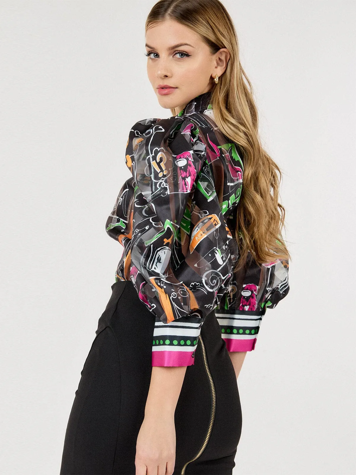 WOMEN'S 3/4 PUFF SLEEVE MOCK NECK MULTI PRINT BLOUSE