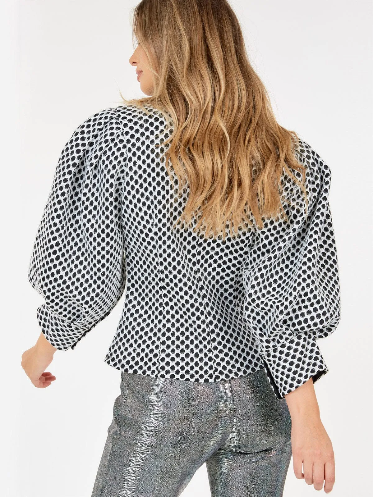 WOMEN'S 3/4 PUFF SLEEVE MOCK NECK SHIMMER COLORBLOCK BLOUSE