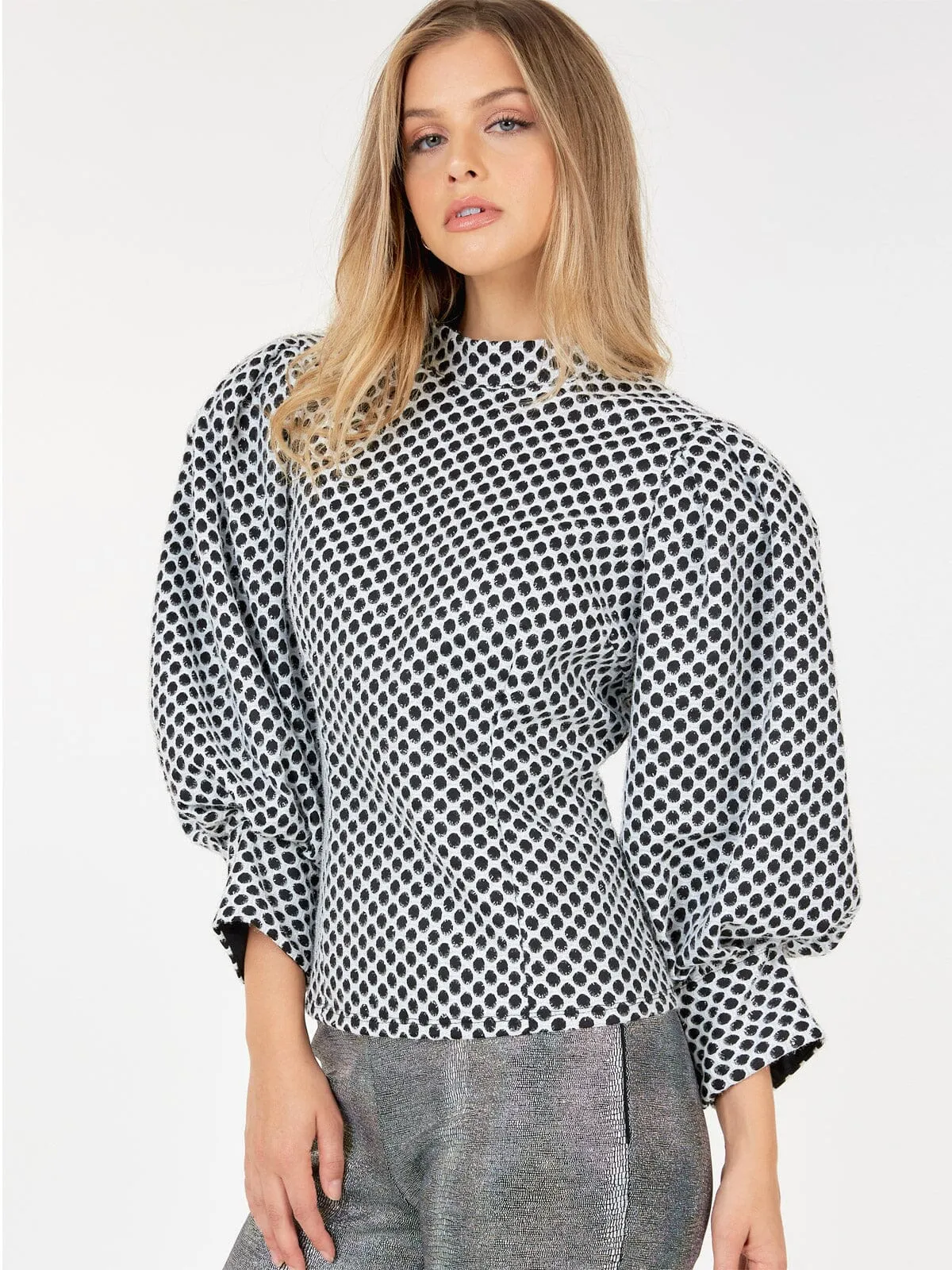 WOMEN'S 3/4 PUFF SLEEVE MOCK NECK SHIMMER COLORBLOCK BLOUSE