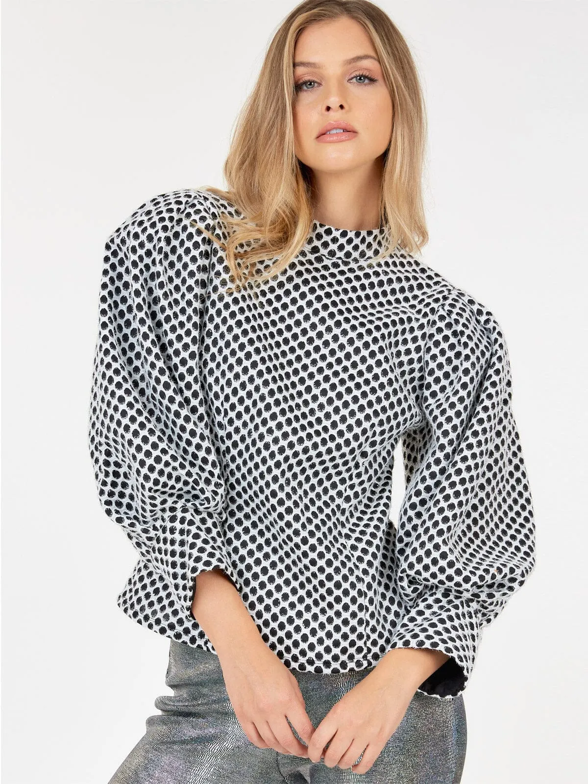 WOMEN'S 3/4 PUFF SLEEVE MOCK NECK SHIMMER COLORBLOCK BLOUSE
