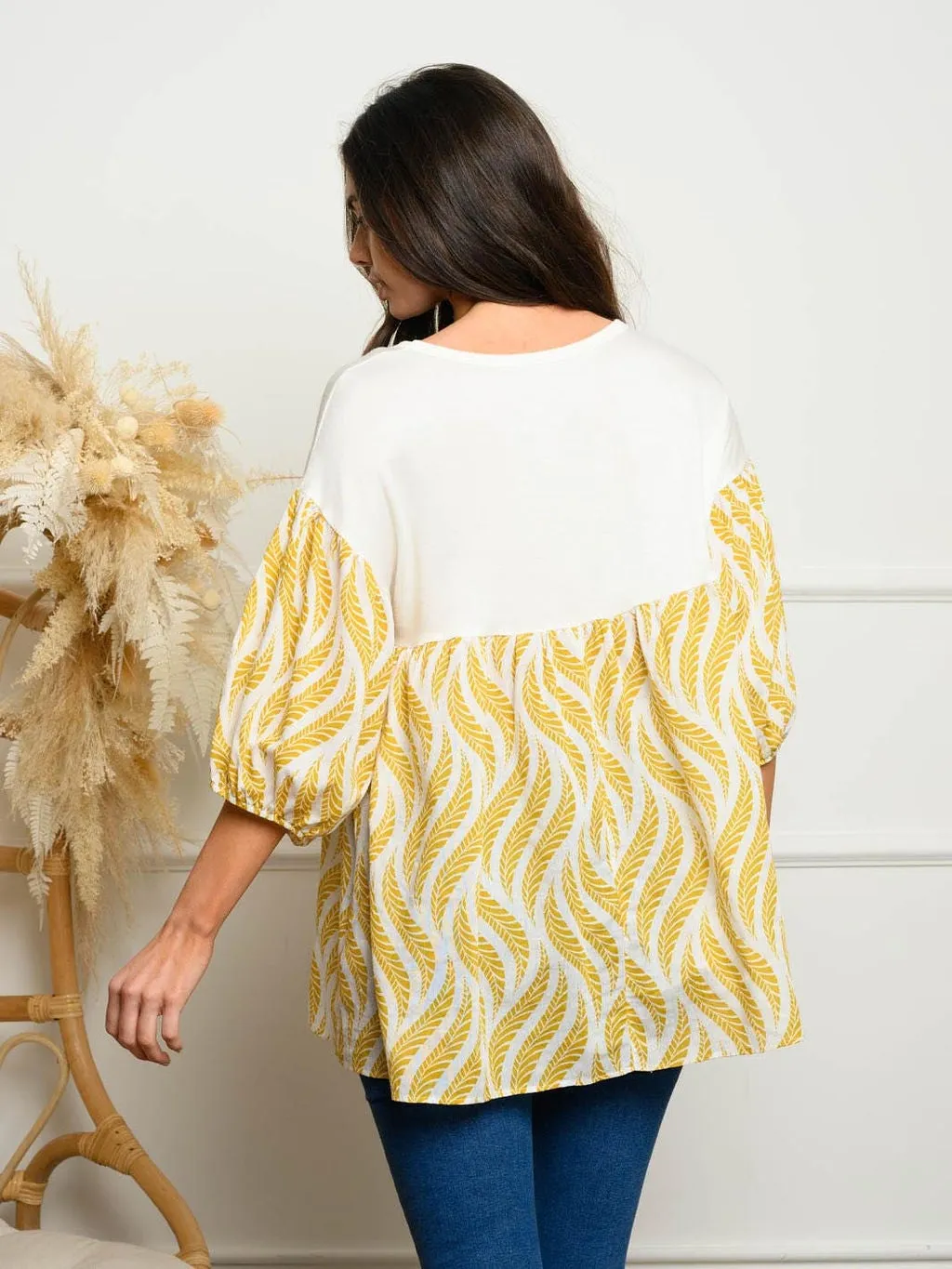 WOMEN'S 3/4 PUFF SLEEVE PRINT TOP