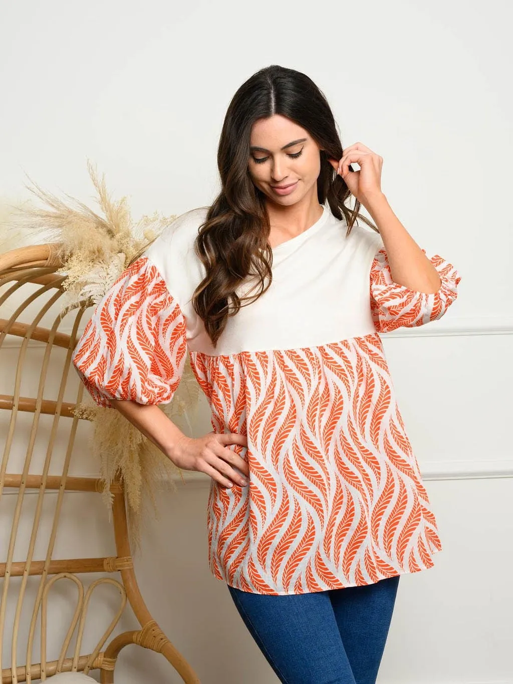 WOMEN'S 3/4 PUFF SLEEVE PRINT TOP