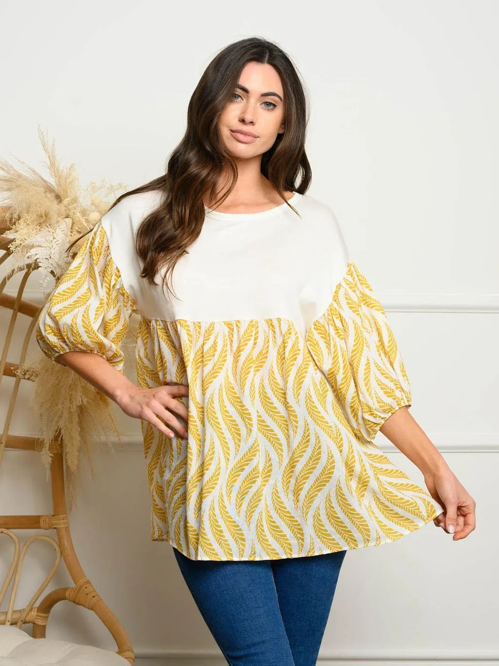 WOMEN'S 3/4 PUFF SLEEVE PRINT TOP