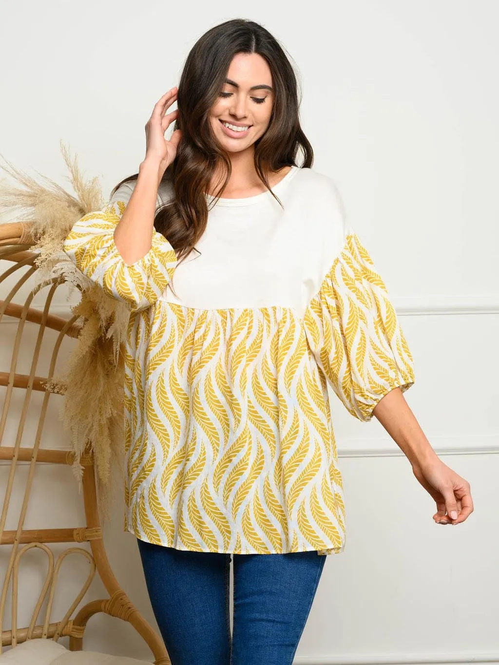 WOMEN'S 3/4 PUFF SLEEVE PRINT TOP