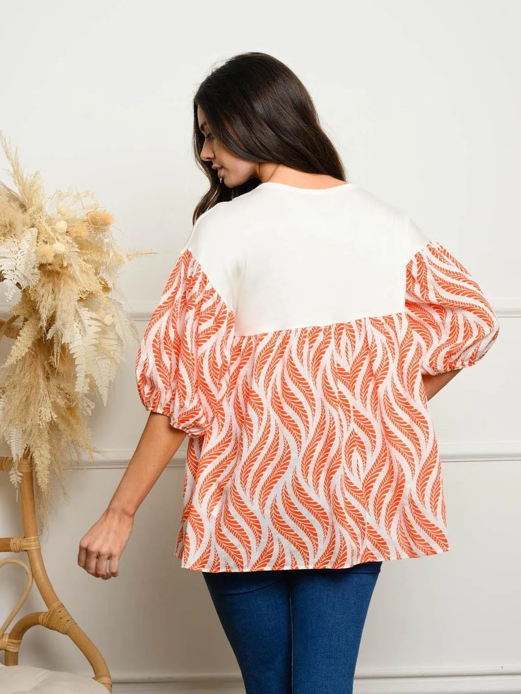 WOMEN'S 3/4 PUFF SLEEVE PRINT TOP