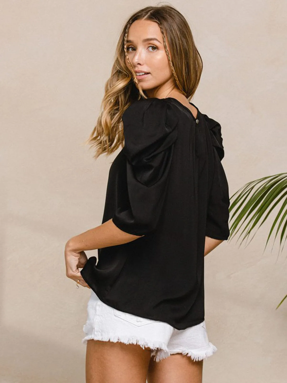 WOMEN'S 3/4 PUFF SLEEVE SOLID TOP