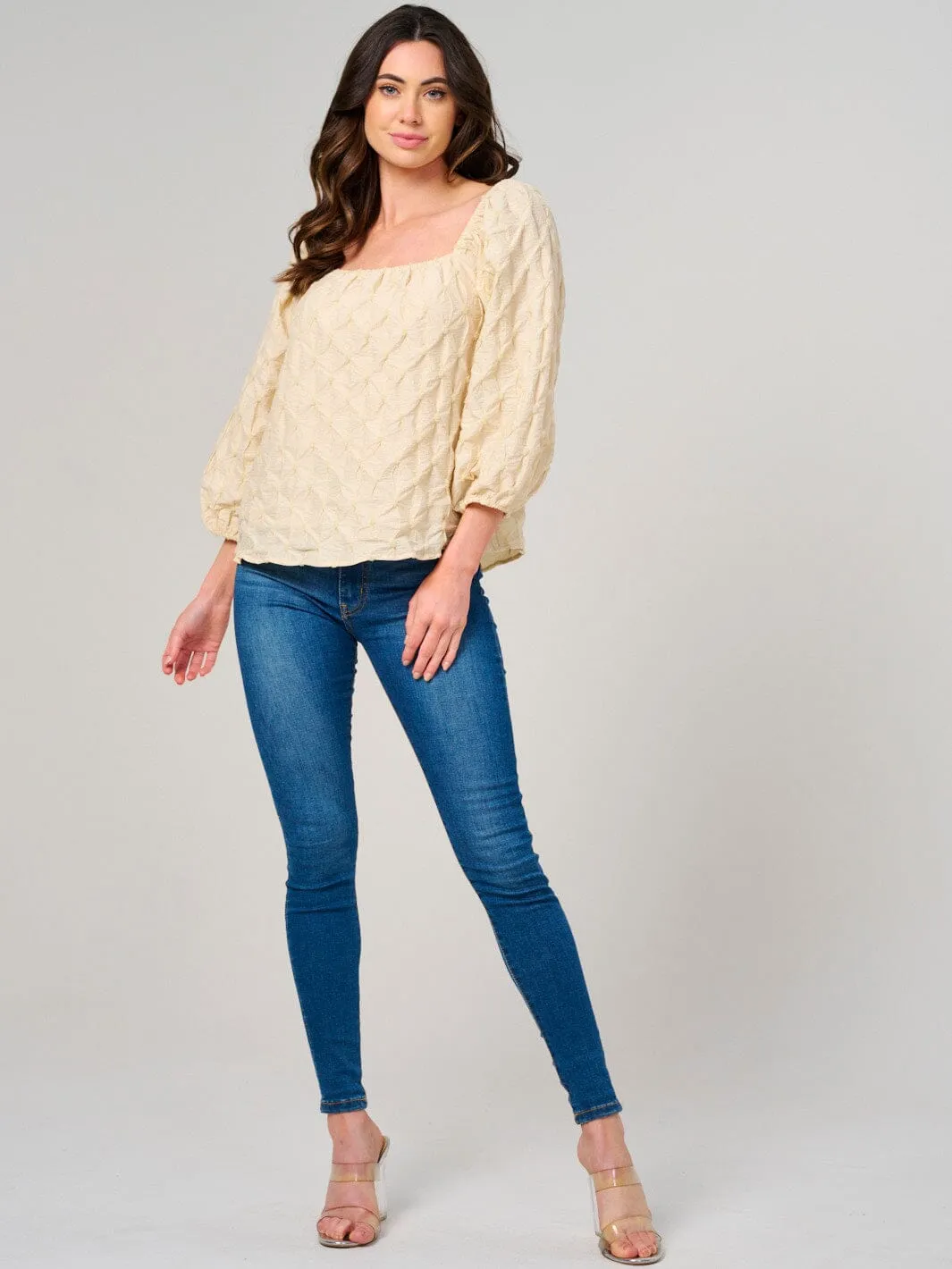 WOMEN'S 3/4 PUFF SLEEVE SQUARE NECK DETAILED BLOUSE